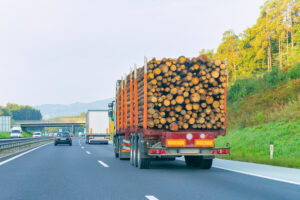 Wood carrier vessel in the highway road of Everett. Lorry transport delivering some freight cargo.